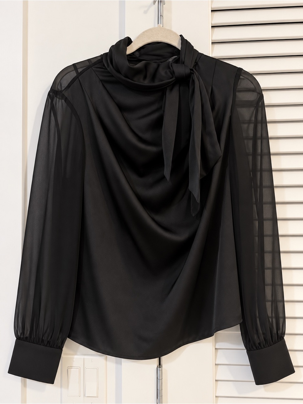 Zara Black Draped Tie-Neck Sheer Sleeve Blouse